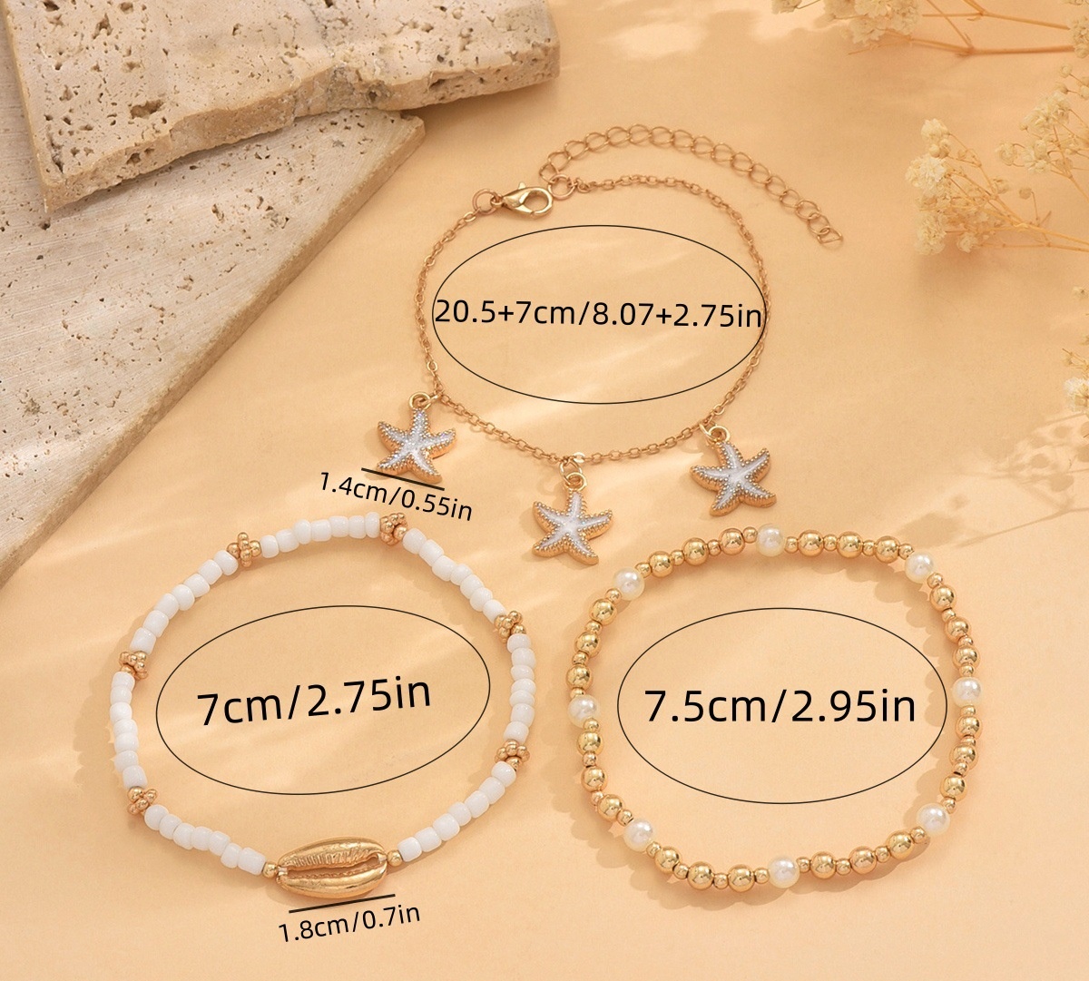 Boho Layered Ankle Bracelet Set With Gold Starfish Charms